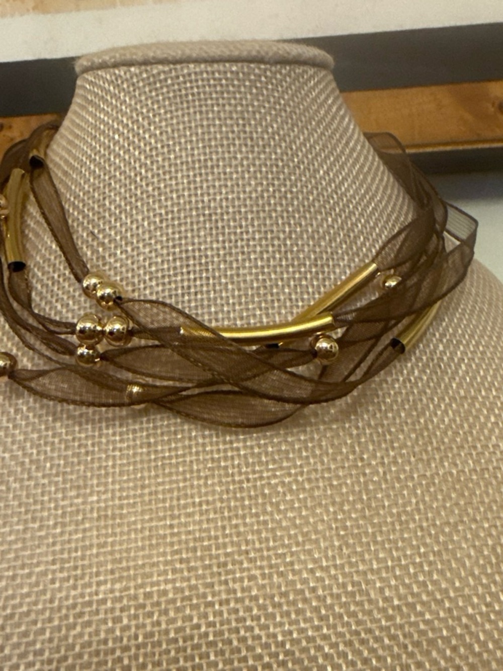 Elegant Brown Organza & Gold Bead Multi-Strand Necklace - size 12-14”